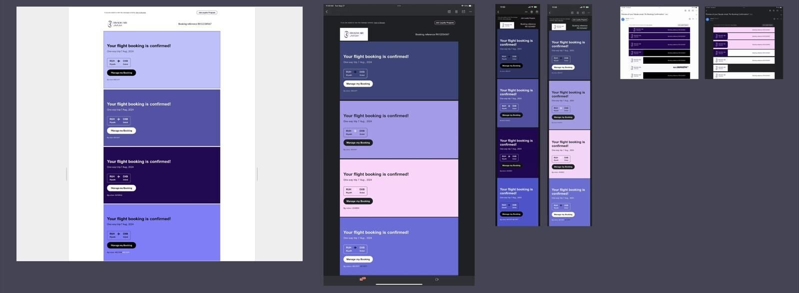 The same booking email in five brand colours, in light mode and in dark-mode inboxes